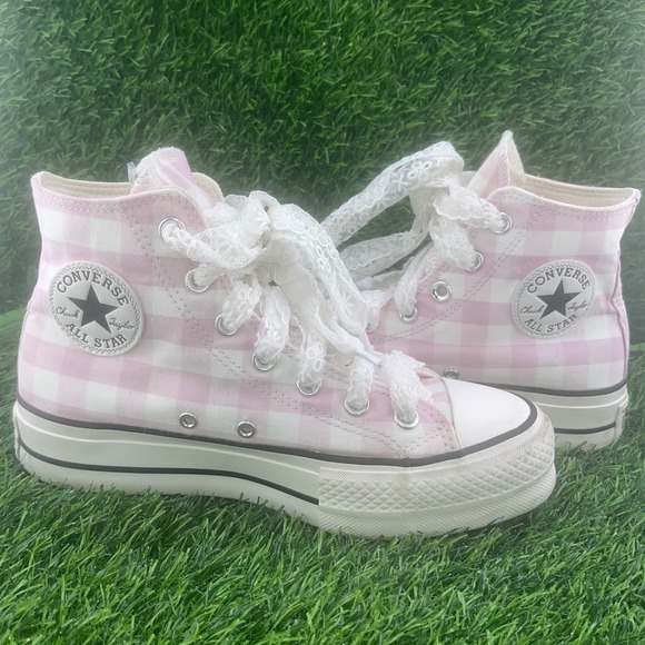Converse Chuck Taylor All Star Platform Pink Gingham Lace Up High Top Sneakers - Picture 4 of 12